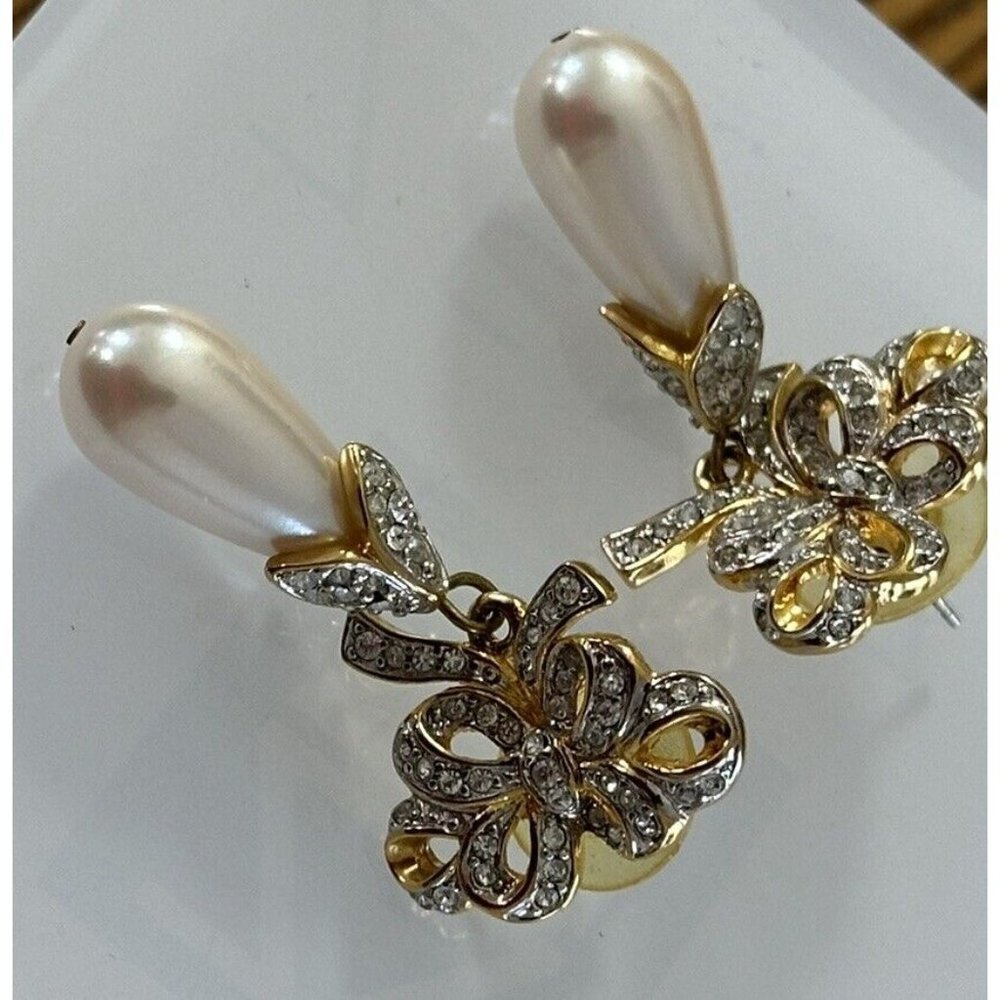 Vintage Faux Dangle Pearl Rhinestones Gold Tone Ribbon Earrings Special Event - Picture 8 of 8